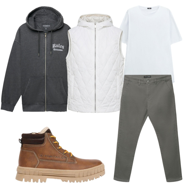 Outfit uomo - Passeggiata al lago. Stile Trendy per Tutti i giorni. Abbinamento con piumini, t-shirt, felpe con cappuccio, pantaloni chino, stivali e stivaletti.
