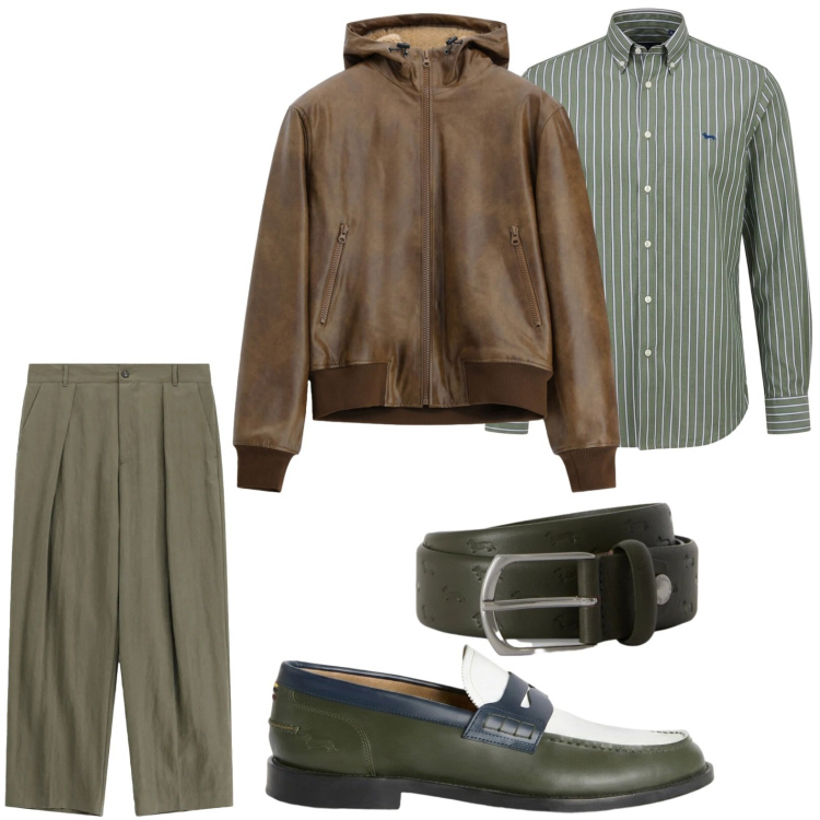 Outfit uomo - Capi autunnali. Stile Casual per Tutti i giorni. Abbinamento con camicie, cinture, scarpe stringate, pantaloni, bomber.