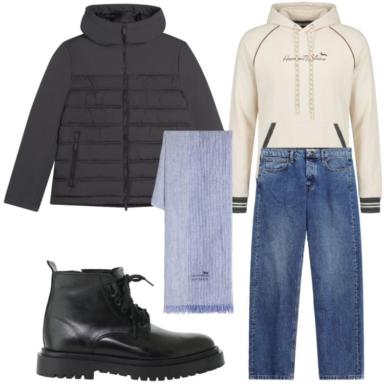 Outfit uomo - Autunno style. Stile Casual per Tutti i giorni. Abbinamento con felpe con cappuccio, sciarpe, anfibi, jeans, piumini.