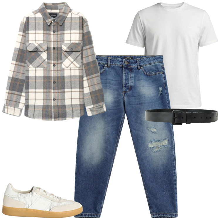 Outfit uomo - Total look #2479694. Stile Casual per Tutti i giorni. Abbinamento con t-shirt, sneakers, jeans strappati, cinture, camicie.