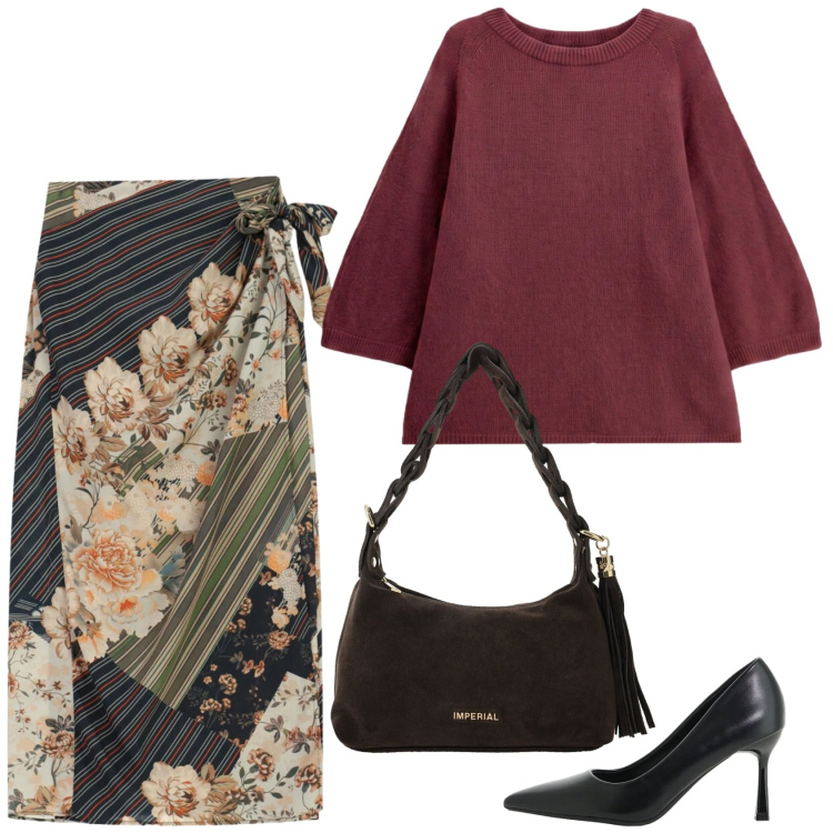 Outfit donna - Il pranzo della domenica. Stile Casual chic per Serata fuori. Abbinamento con décolleté, gonne longuette, borse a spalla, maglieria.