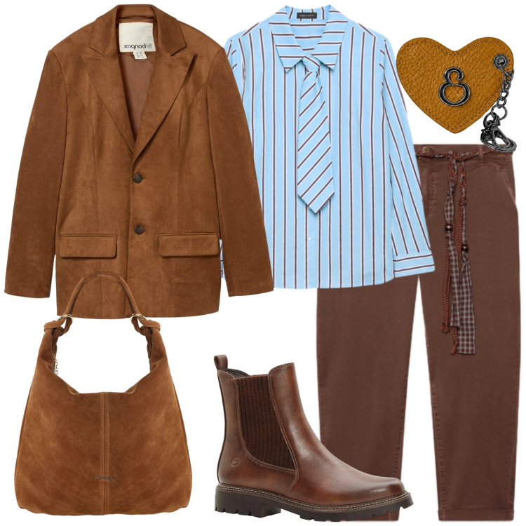Outfit donna - Toni tabacco. Stile Urban per Tutti i giorni. Abbinamento con borse a spalla, pantaloni chino, camicie, portachiavi, blazer, stivaletti.