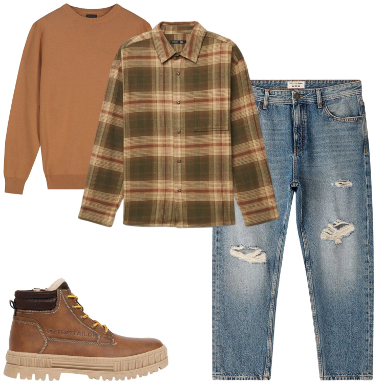 Outfit uomo - Total look #2479703. Stile Casual per Tutti i giorni. Abbinamento con maglieria, jeans strappati, camicie, stivali e stivaletti.