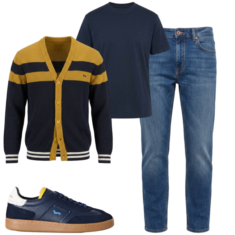 Outfit uomo - City. Stile Casual per Tutti i giorni. Abbinamento con cardigans, sneakers, jeans, t-shirt.