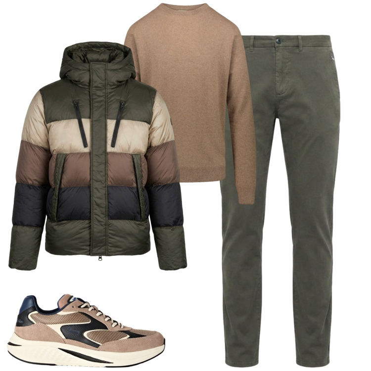 Outfit uomo - Fall. Stile Casual per Tutti i giorni. Abbinamento con pantaloni, sneakers, maglieria, piumini.