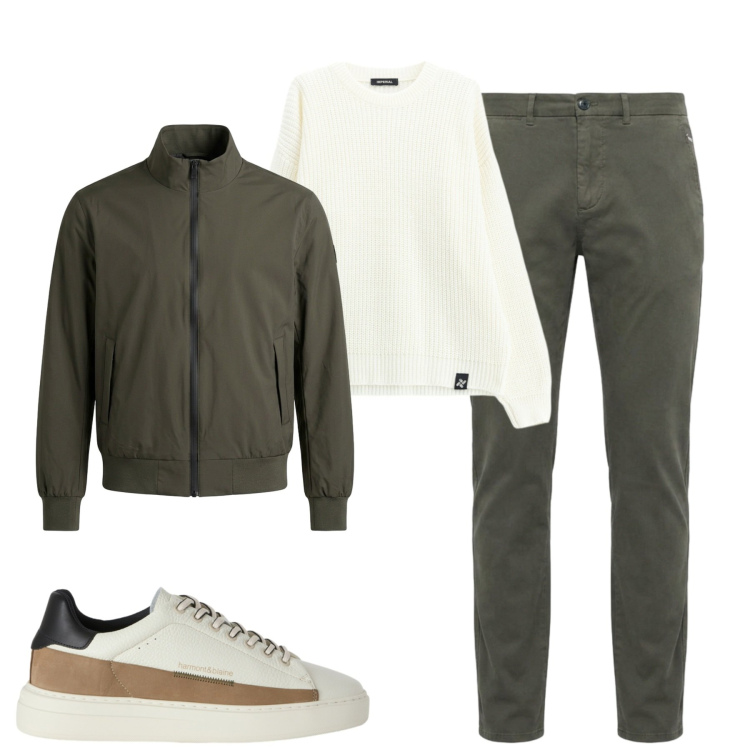 Outfit uomo - City. Stile Urban per Tutti i giorni. Abbinamento con sneakers, pantaloni, maglieria, bomber.