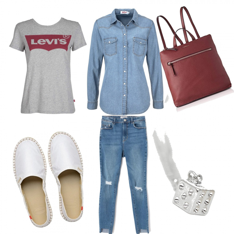Outfit donna - Mamy street. Stile Urban per Tutti i giorni. Abbinamento con camicie, jeans skinny crop in denim blu, espadrillas bianco, t-shirt girocollo a maniche corte con logo rosso e grigio, zaino viola, collana con ciondolo argento.