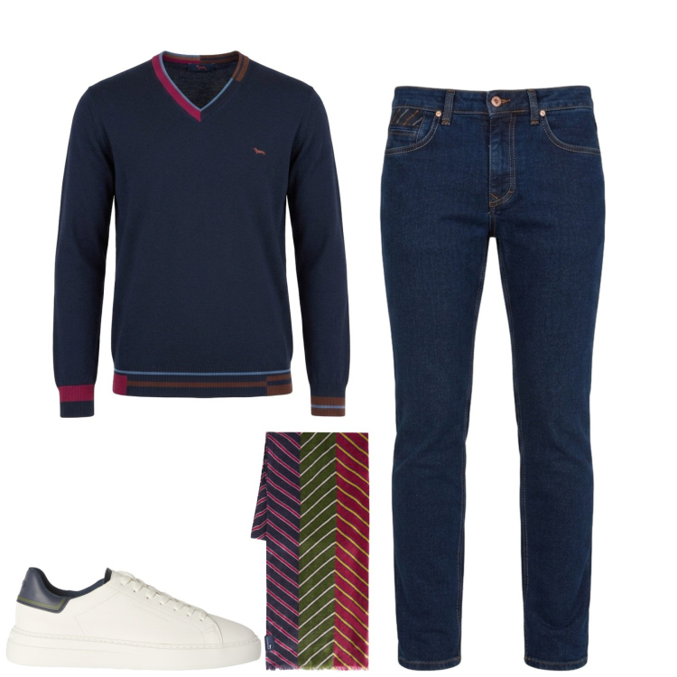 Outfit uomo - City. Stile Casual per Tutti i giorni. Abbinamento con jeans, sneakers, maglieria, sciarpe.
