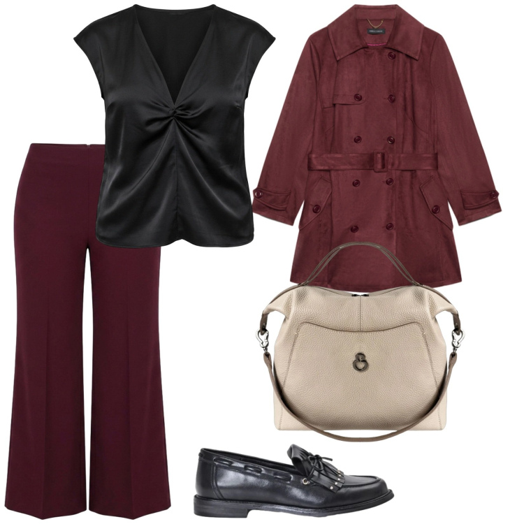 Outfit donna - Autunno. per Tutti i giorni. Abbinamento con trench, borse a mano, pantaloni a palazzo, canottiere, mocassini.