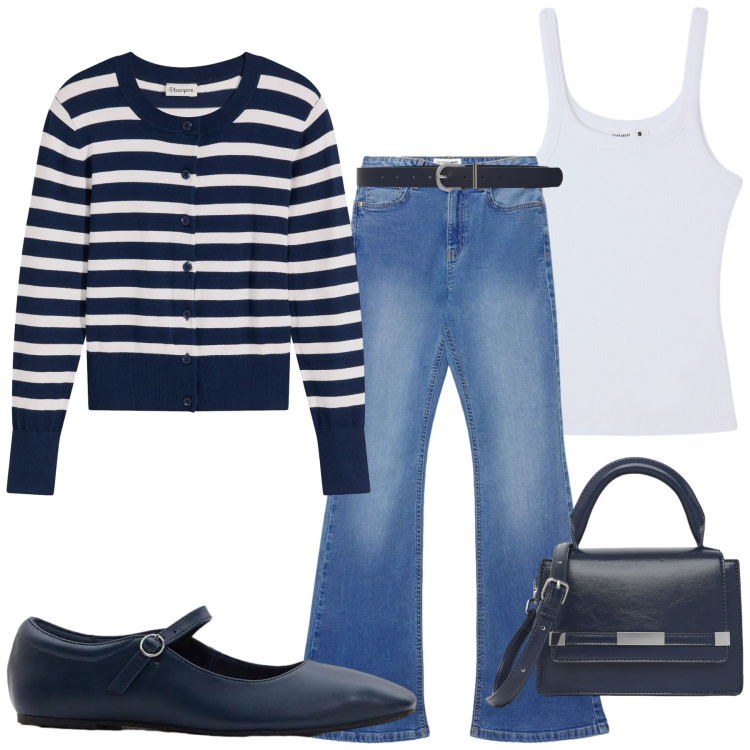 Outfit donna - Eleganza Marittima Quotidiana. Stile Casual per Tutti i giorni. Abbinamento con ballerine, cardigans, jeans a zampa, canottiere, borse a tracolla, cinture.