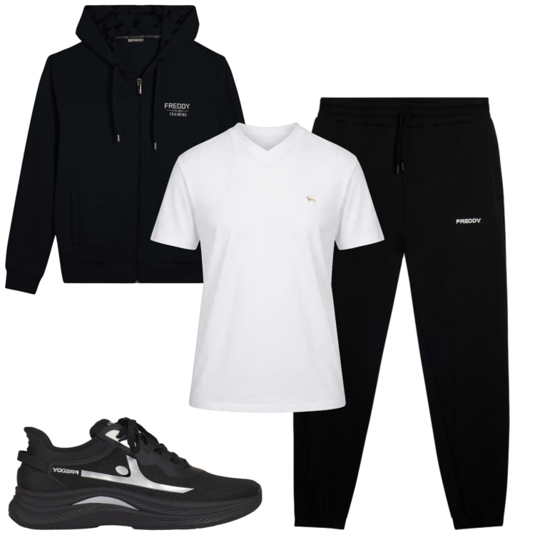 Outfit uomo - Sporty. Stile Casual per Tutti i giorni. Abbinamento con t-shirt, pantaloni sportivi, felpe con cappuccio, sneakers.