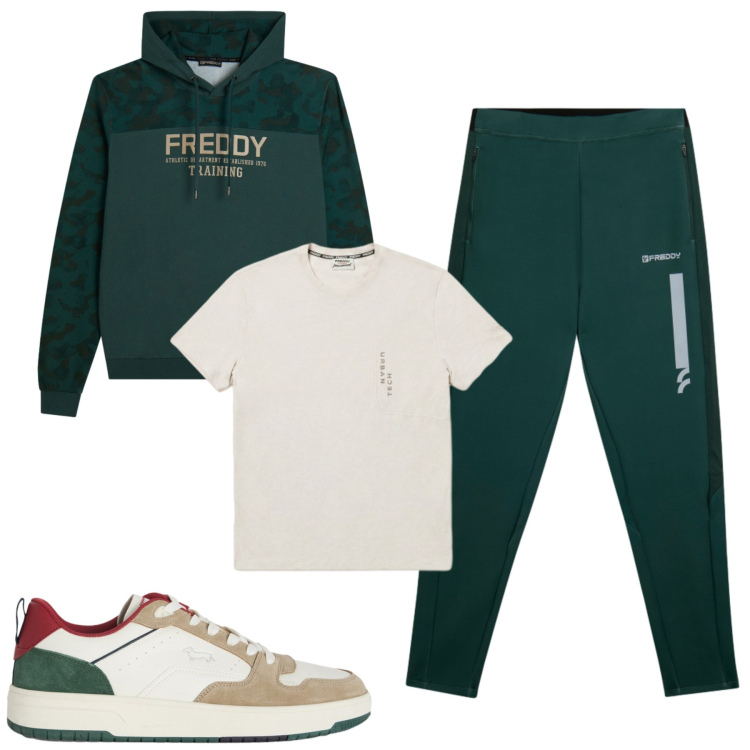 Outfit uomo - Freddy. Stile Casual per Tutti i giorni. Abbinamento con sneakers, pantaloni, felpe con cappuccio, t-shirt.