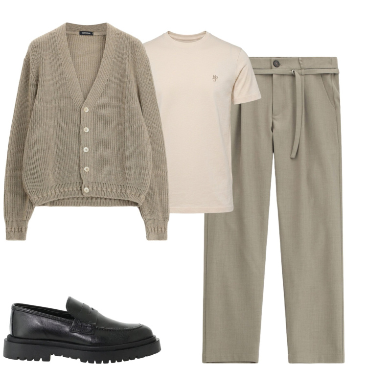 Outfit uomo - City. Stile Urban per Tutti i giorni. Abbinamento con t-shirt, cardigans, scarpe stringate, pantaloni.