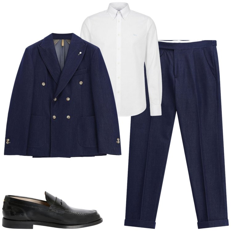 Outfit uomo - Doppiopetto blu. Stile Business/Elegante per Tutti i giorni. Abbinamento con camicie, scarpe stringate, pantaloni, giacche.
