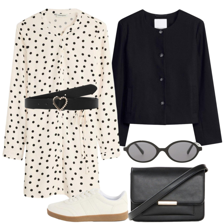 Outfit donna - L\'abito a pois e le sneakers. Stile Trendy per Tutti i giorni. Abbinamento con vestiti, sneakers, blazer, borse a tracolla, cinture, occhiali da sole.