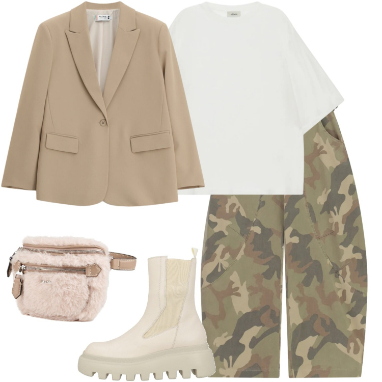 Outfit donna - Pantaloni mimetici. Stile Casual per Tutti i giorni. Abbinamento con marsupi, stivaletti, blazer, pantaloni a palazzo, t-shirt.