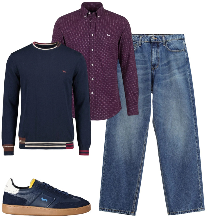 Outfit uomo - Fall. Stile Casual per Tutti i giorni. Abbinamento con camicie, maglieria, sneakers, jeans.