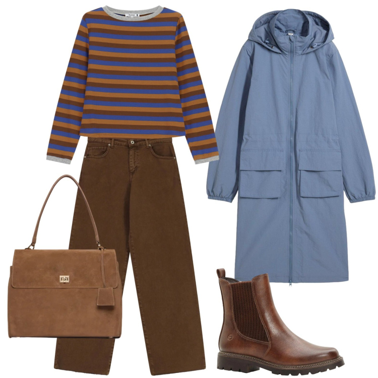 Outfit donna - Il cielo minaccia pioggia. Stile Casual per Tutti i giorni. Abbinamento con borse a mano, t-shirt, jeans dritti, stivaletti, parka.