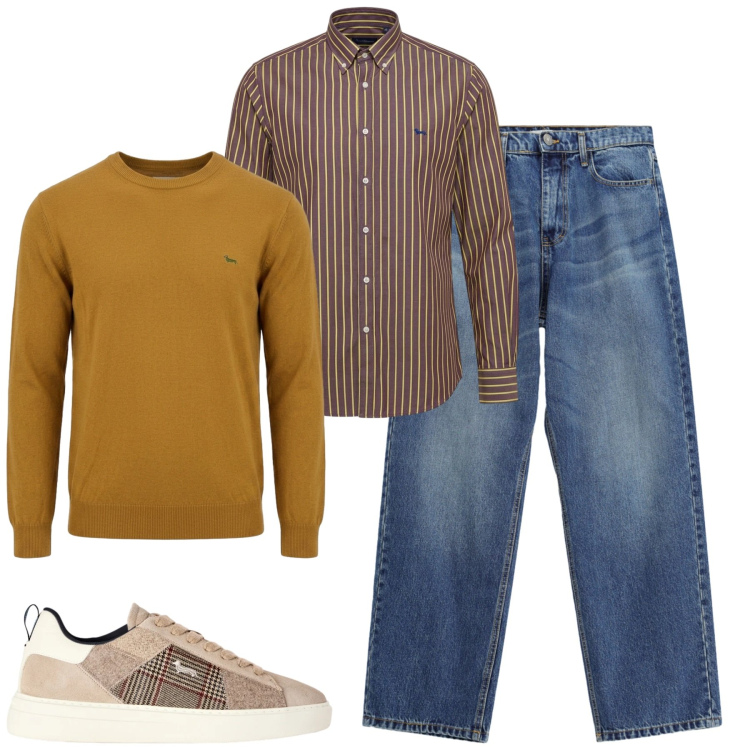 Outfit uomo - Fall. Stile Casual per Tutti i giorni. Abbinamento con sneakers, camicie, maglieria, jeans.