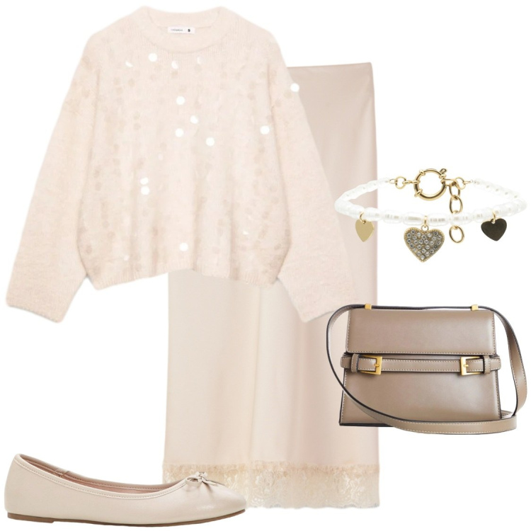 Outfit donna - Rosa cipria. Stile Chic per Serata fuori. Abbinamento con braccialetti, gonne longuette, maglieria, ballerine, borse a tracolla.