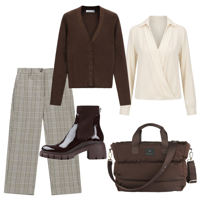 Outfit donna - Il mio lunedì in ufficio. Stile Casual chic per Ufficio. Abbinamento con stivaletti, bluse, cardigans, pantaloni, borse tote.