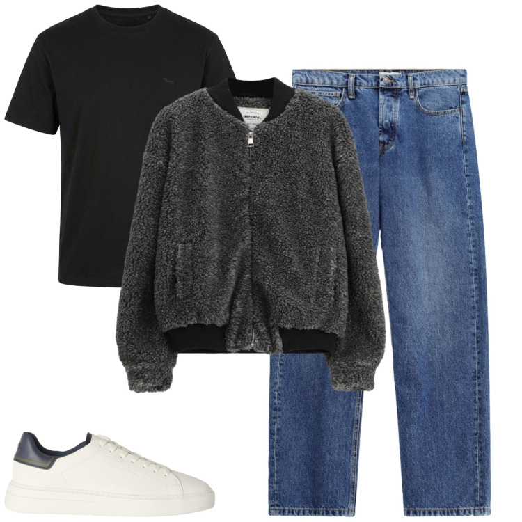 Outfit uomo - Fall. Stile Casual per Tutti i giorni. Abbinamento con sneakers, t-shirt, jeans, bomber.