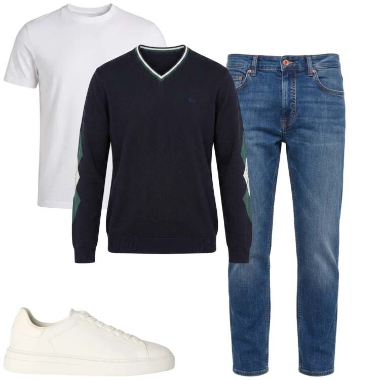 Outfit uomo - City. Stile Urban per Tutti i giorni. Abbinamento con maglieria, t-shirt, jeans, sneakers.