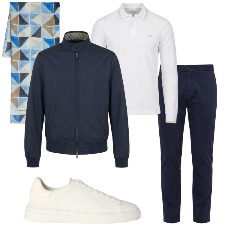 Outfit uomo - Harmont&Blaine. Stile Urban per Tutti i giorni. Abbinamento con polo, sneakers, sciarpe, pantaloni chino, bomber.