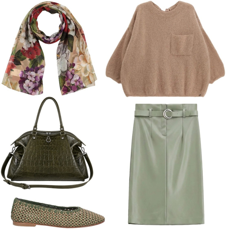 Outfit donna - Sfumature verde salvia. Stile Romantica per Tutti i giorni. Abbinamento con gonne longuette, shopping bag, pullovers, ballerine, sciarpe.