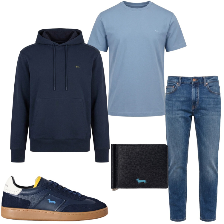 Outfit uomo - Harmont&Blaine. Stile Casual per Tutti i giorni. Abbinamento con sneakers, jeans, t-shirt, portafogli, felpe con cappuccio.
