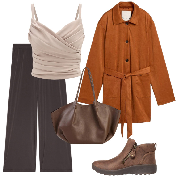 Outfit donna - Autunno. Stile Bon Ton per Ufficio. Abbinamento con trench, shopping bag, stivaletti, canottiere, pantaloni a palazzo.
