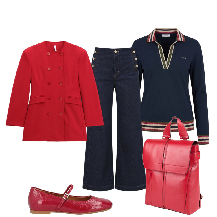 Outfit donna - Doppiopetto e Zampa ritorno anni ‘70. Stile Casual chic per Ufficio. Abbinamento con zaini, ballerine, jeans, blazer, polo.