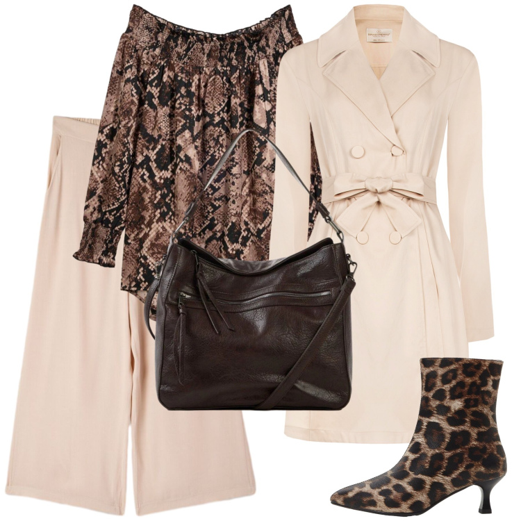 Outfit donna - Total look #2479789. Stile Bon Ton per Serata fuori. Abbinamento con stivaletti, shopping bag, bluse, pantaloni a palazzo, trench.