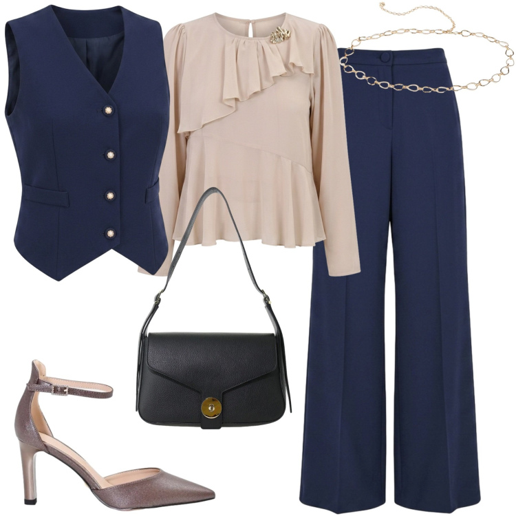 Outfit donna - City. Stile Urban per Tutti i giorni. Abbinamento con borse a spalla, décolleté, gilet, bluse, pantaloni a palazzo, cinture.