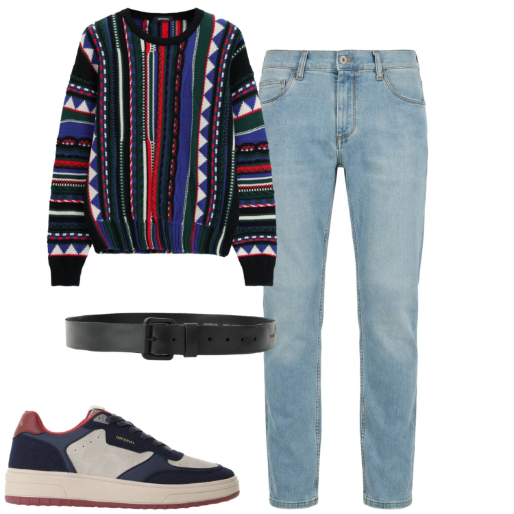 Outfit uomo - City. Stile Casual per Tutti i giorni. Abbinamento con jeans slim fit, maglieria, cinture, sneakers.