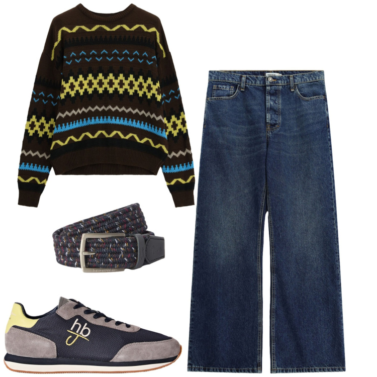 Outfit uomo - City. Stile Casual per Tutti i giorni. Abbinamento con sneakers, cinture, jeans, maglieria.