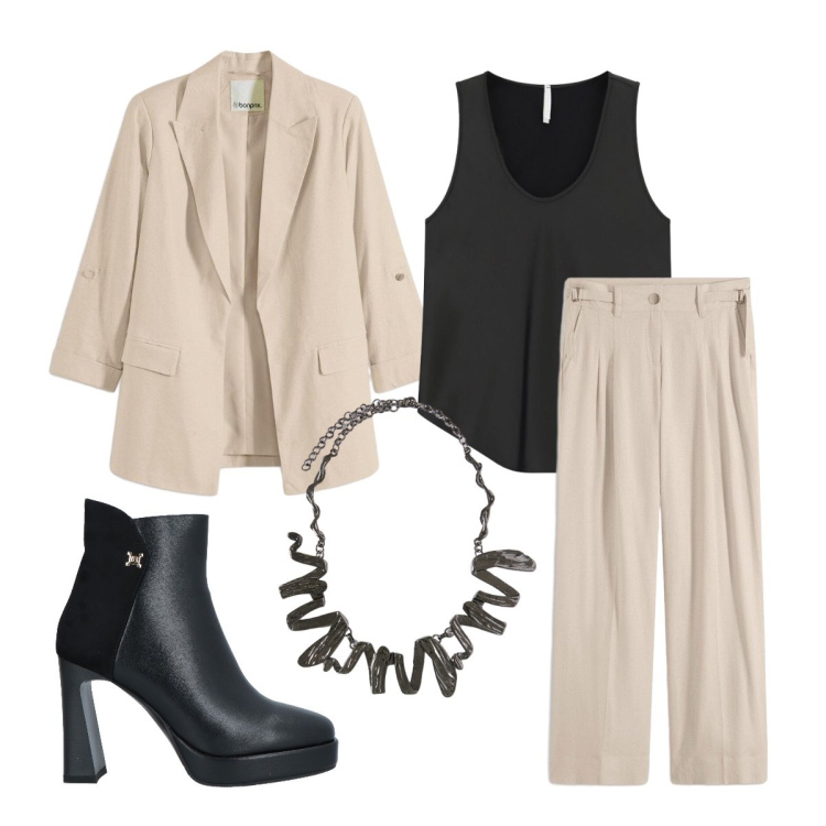 Outfit donna - Invitata ai 50 anni. Stile Mannish per Cerimonia. Abbinamento con stivaletti, pantaloni a palazzo, blazer, canottiere, ciondoli.
