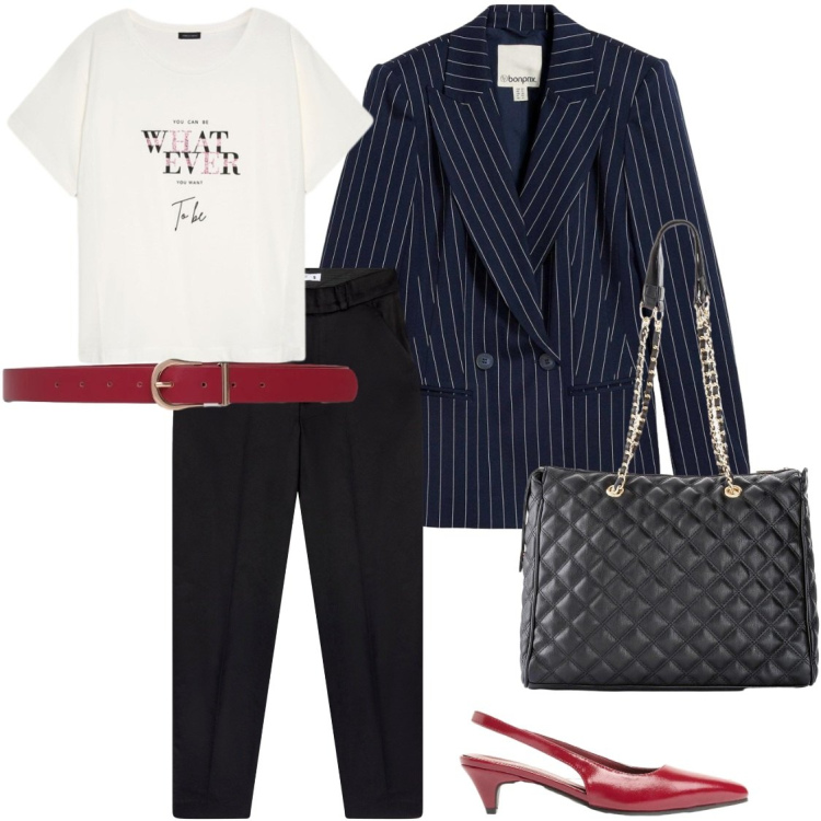 Outfit donna - Gessato doppio petto. Stile Urban per Tutti i giorni. Abbinamento con t-shirt, cinture, pantaloni chino, blazer, borse a mano, décolleté.
