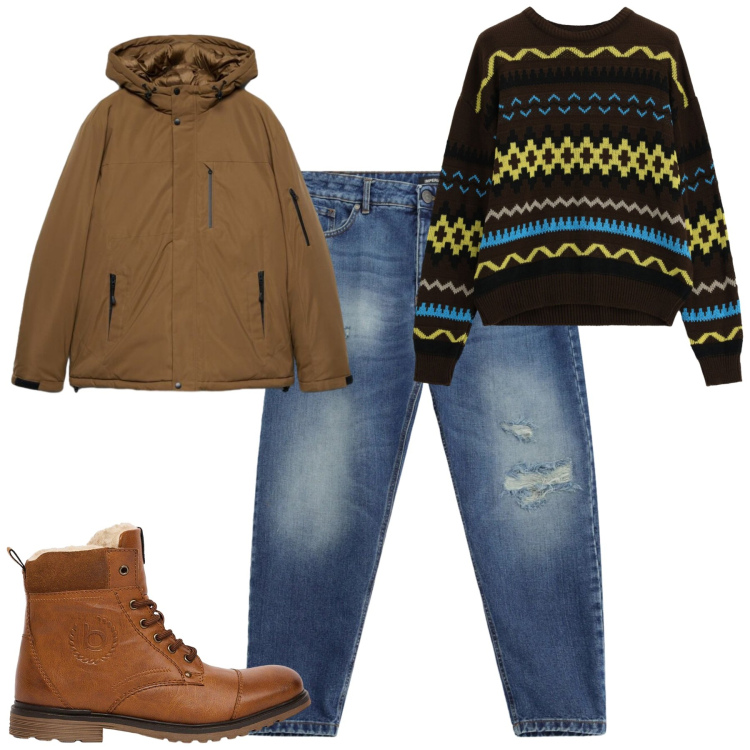 Outfit uomo - City. Stile Casual per Tutti i giorni. Abbinamento con jeans strappati, maglieria, giacche, stivali e stivaletti.