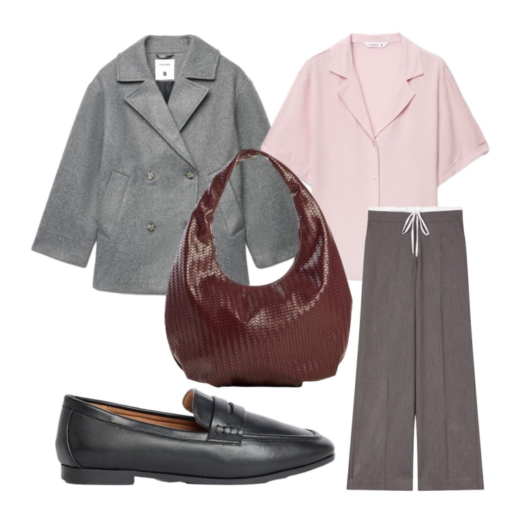 Outfit donna - Mattina autunnale. Stile Preppy per Ufficio. Abbinamento con mocassini, borse a spalla, pantaloni, camicie a manica corta, caban.