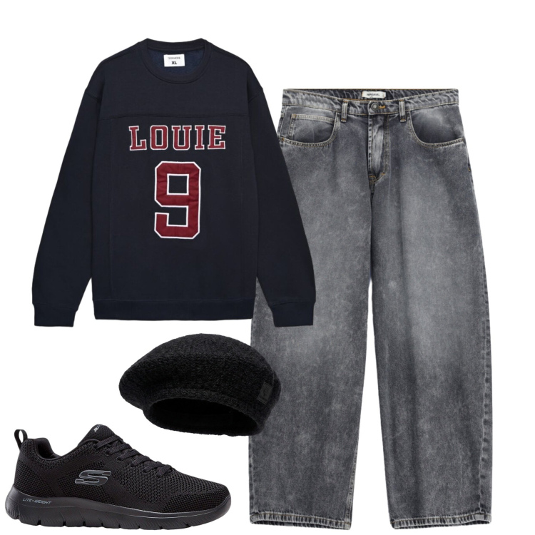 Outfit uomo - City. Stile Casual per Tutti i giorni. Abbinamento con jeans, cappelli e berretti, felpe, sneakers.