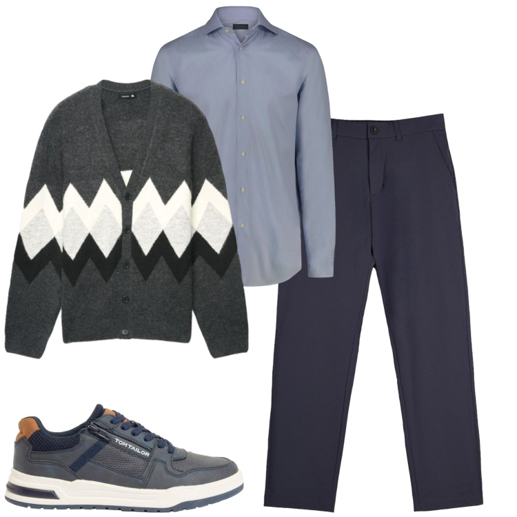 Outfit uomo - City. Stile Urban per Tutti i giorni. Abbinamento con camicie, pantaloni chino, cardigans, sneakers.