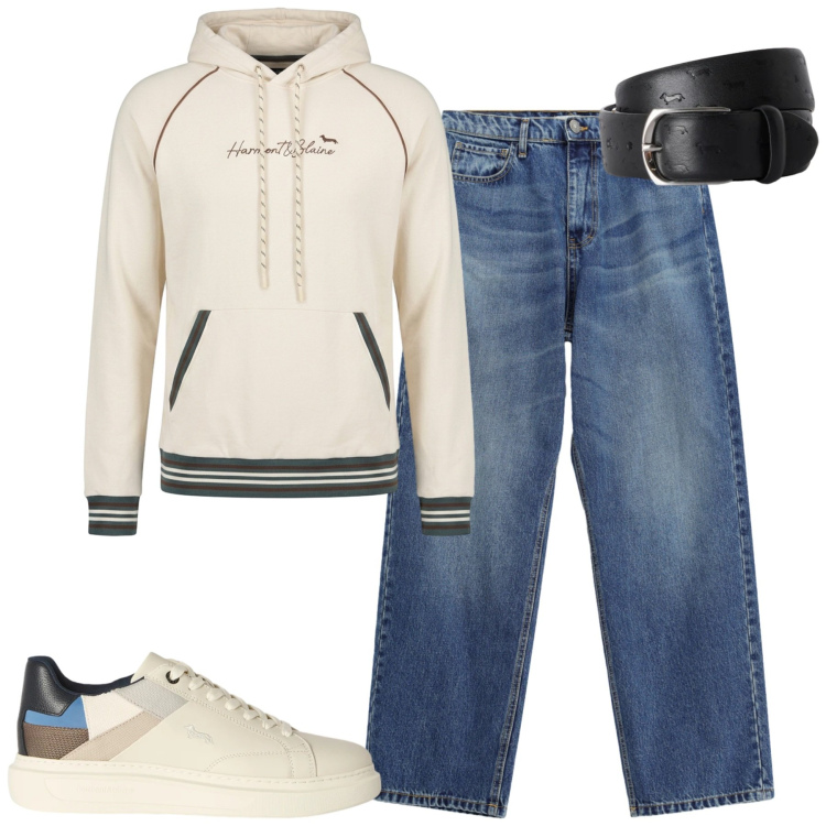 Outfit uomo - City. Stile Casual per Tutti i giorni. Abbinamento con sneakers, cinture, felpe con cappuccio, jeans.