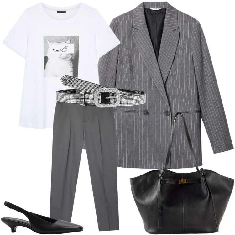 Outfit donna - Grigio e bianco. Stile Urban per Tutti i giorni. Abbinamento con t-shirt, pantaloni chino, blazer, cinture, shopping bag, décolleté.