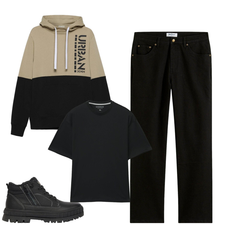 Outfit uomo - City. Stile Casual per Tutti i giorni. Abbinamento con t-shirt, jeans dritti, stivali e stivaletti, felpe con cappuccio.