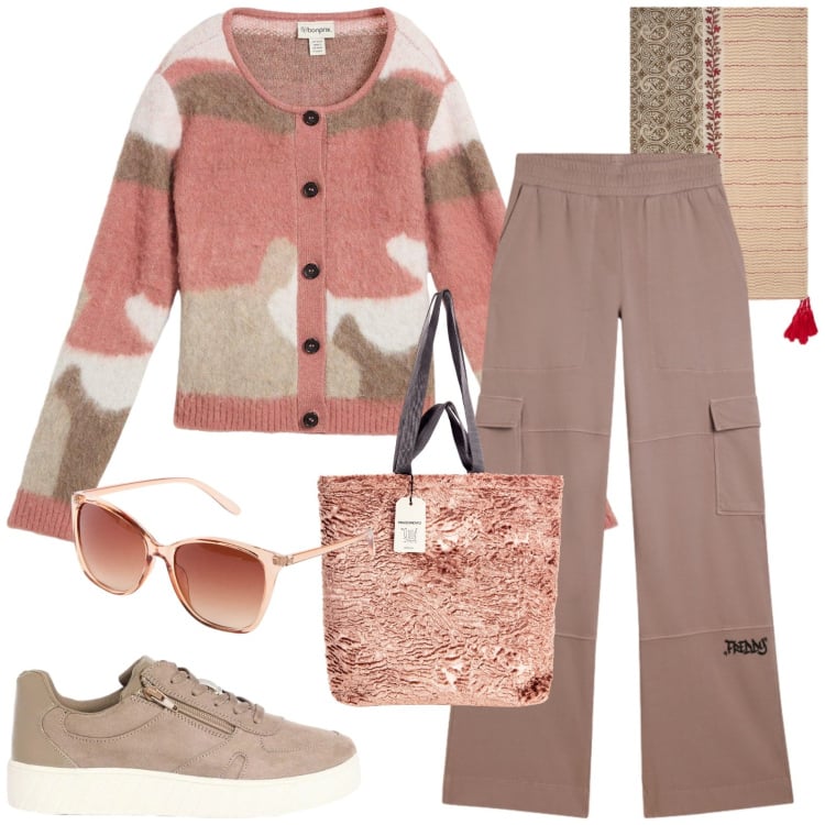 Outfit donna - Casual. Stile Casual per Tutti i giorni. Abbinamento con cardigans, sneakers, occhiali da sole, sciarpe, borse tote, pantaloni cargo.