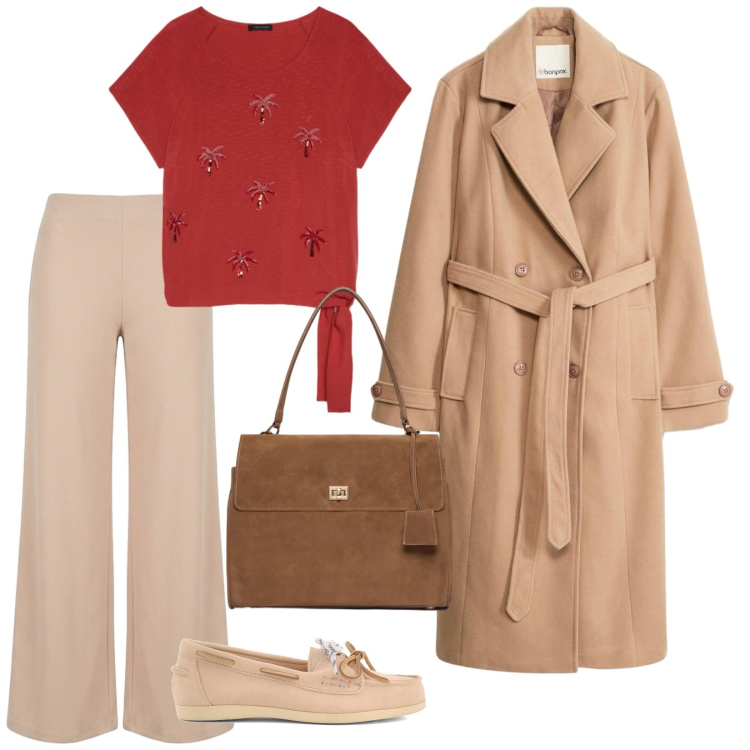 Outfit donna - Focus donna. per Tutti i giorni. Abbinamento con borse a mano, top, pantaloni a palazzo, mocassini, trench.