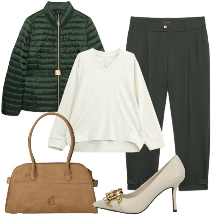 Outfit donna - Il verde in autunno. Stile Sporty chic per Ufficio. Abbinamento con felpe, piumini, pantaloni, borse a spalla, décolleté.