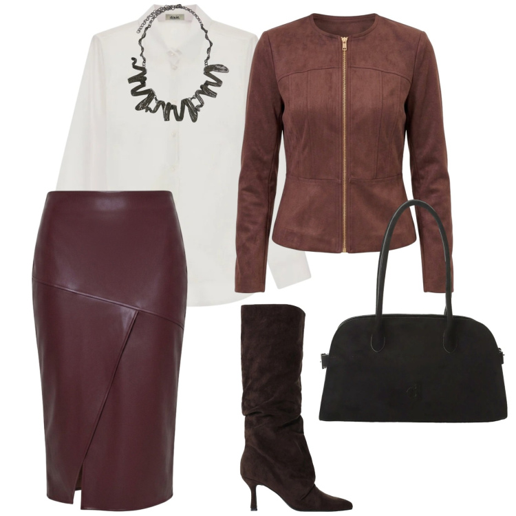 Outfit donna - A lavoro. per Ufficio. Abbinamento con gonne longuette, blazer, stivali, borse a spalla, camicie, ciondoli.