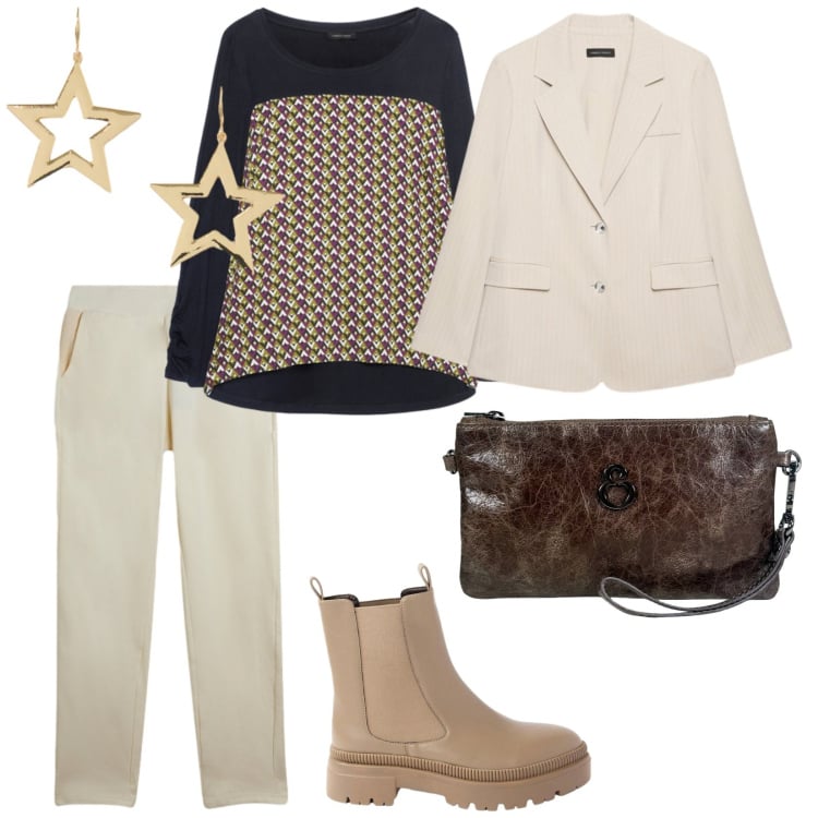 Outfit donna - Sportiva e non. per Scuola/Università. Abbinamento con stivaletti, t-shirt, blazer, orecchini, pantaloni, pochette.
